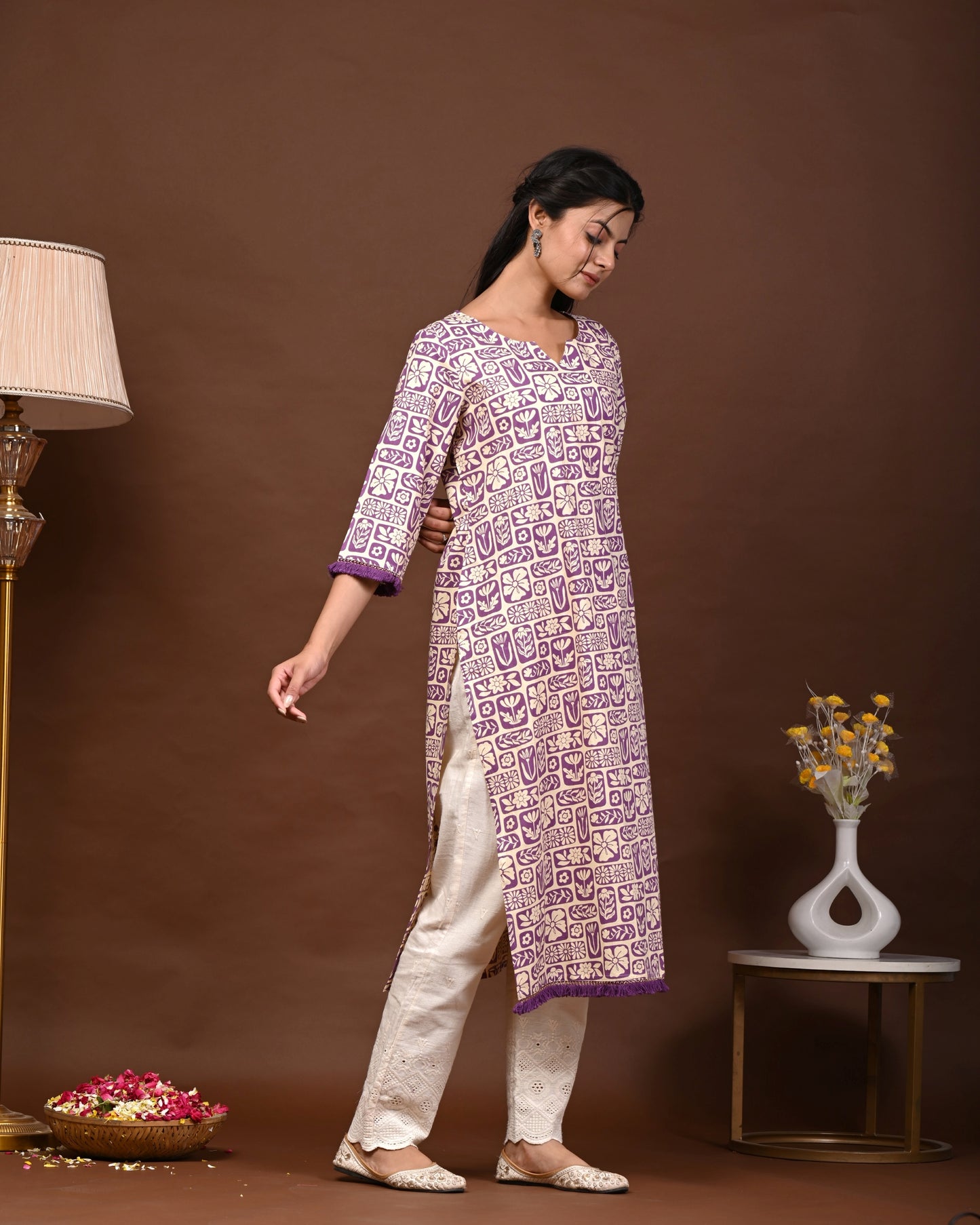 Rimeline Floral Screen Printed Notch Neck Pure Cotton Straight Kurta