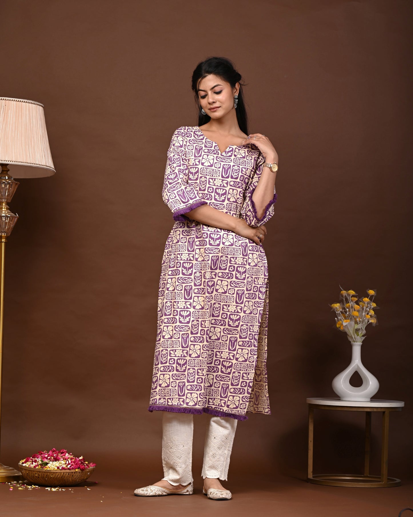 Rimeline Floral Screen Printed Notch Neck Pure Cotton Straight Kurta