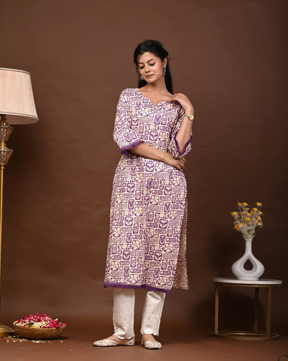 Rimeline Floral Screen Printed Notch Neck Pure Cotton Straight Kurta