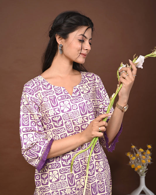 Rimeline Floral Screen Printed Notch Neck Pure Cotton Straight Kurta