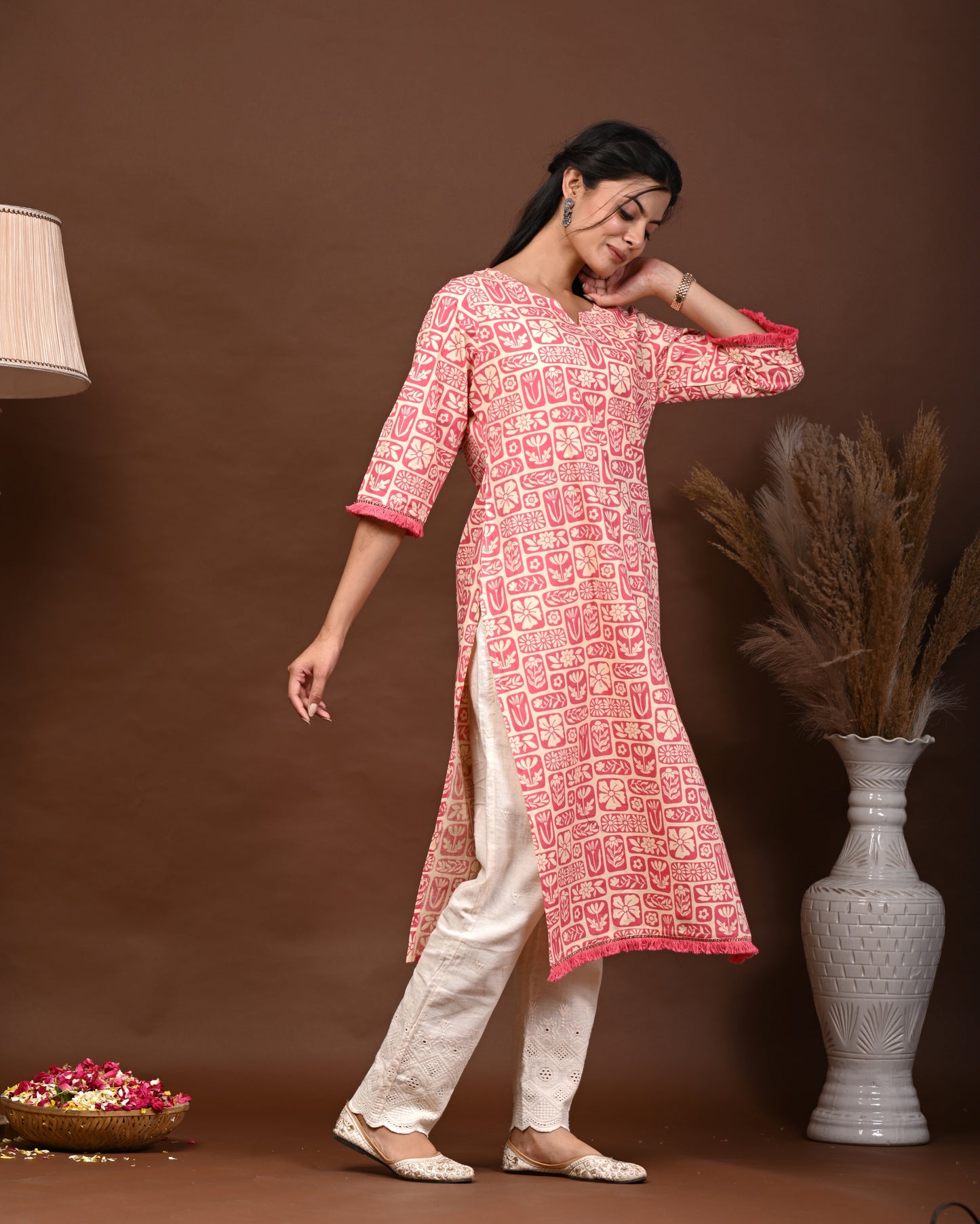 Rimeline Floral Screen Printed Notch Neck Pure Cotton Straight Kurta