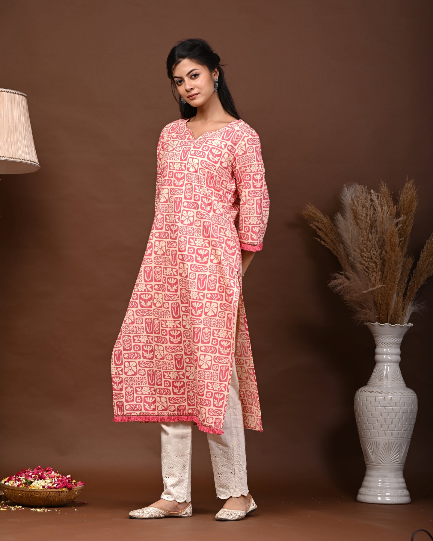 Rimeline Floral Screen Printed Notch Neck Pure Cotton Straight Kurta