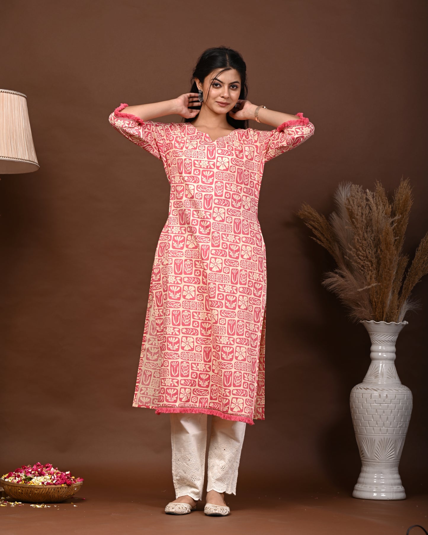 Rimeline Floral Screen Printed Notch Neck Pure Cotton Straight Kurta