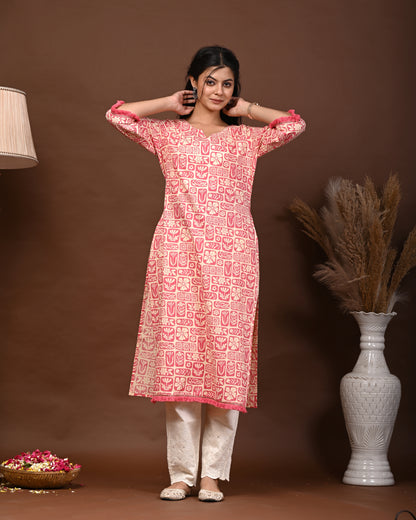Rimeline Floral Screen Printed Notch Neck Pure Cotton Straight Kurta