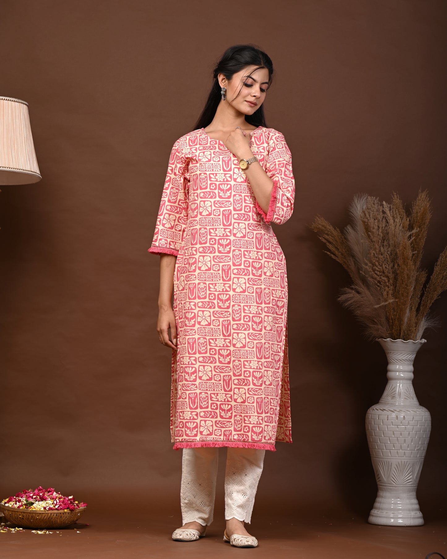 Rimeline Floral Screen Printed Notch Neck Pure Cotton Straight Kurta