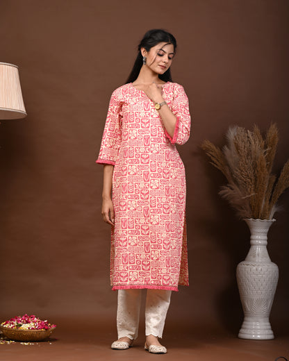 Rimeline Floral Screen Printed Notch Neck Pure Cotton Straight Kurta