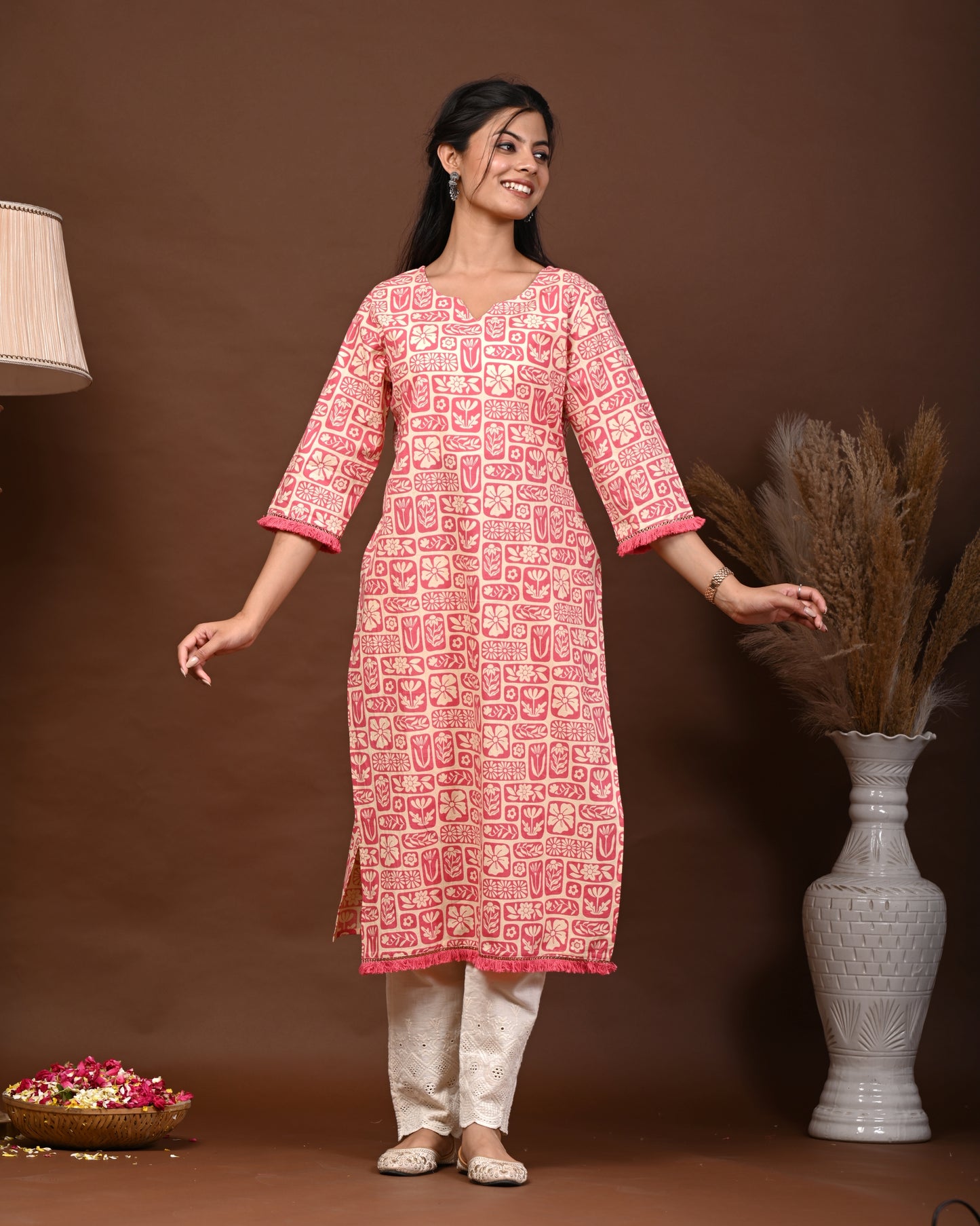 Rimeline Floral Screen Printed Notch Neck Pure Cotton Straight Kurta