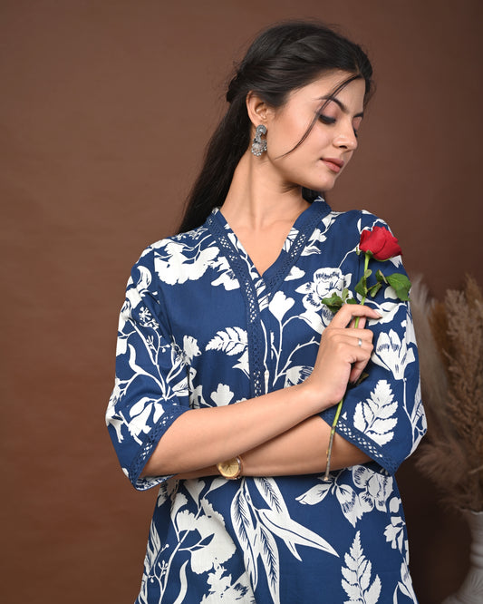 Rimeline Floral Screen Printed V-Neck Pure Cotton Straight Kurta
