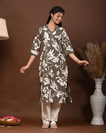 Rimeline Floral Screen Printed V-Neck Pure Cotton Straight Kurta