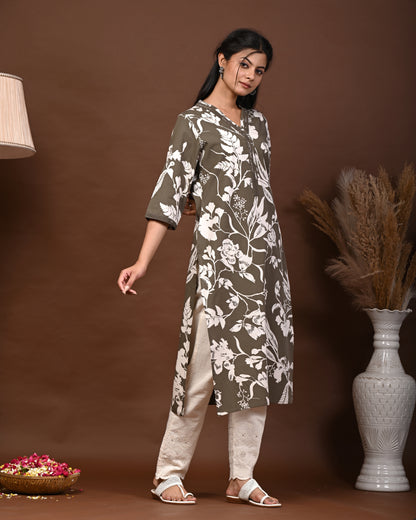 Rimeline Floral Screen Printed V-Neck Pure Cotton Straight Kurta