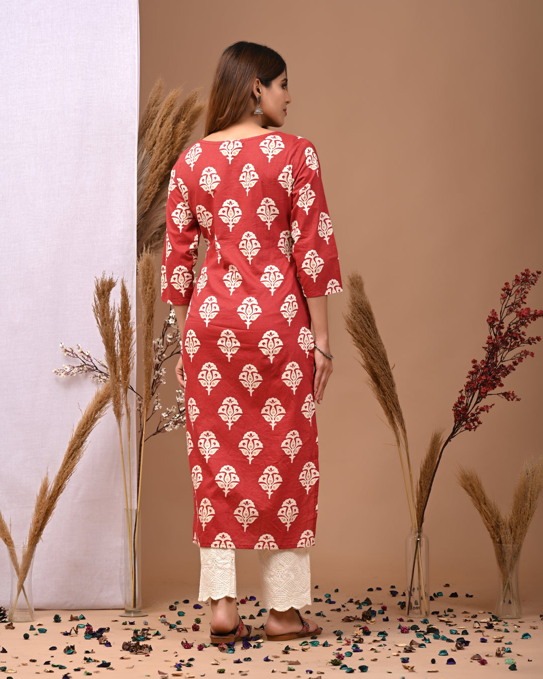 RimeLine Maroon Ethnic Motifs Printed Round-Neck Cotton Kurti