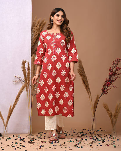 RimeLine Maroon Ethnic Motifs Printed Round-Neck Cotton Kurti