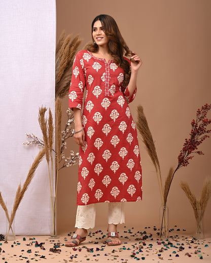 RimeLine Maroon Ethnic Motifs Printed Round-Neck Cotton Kurti