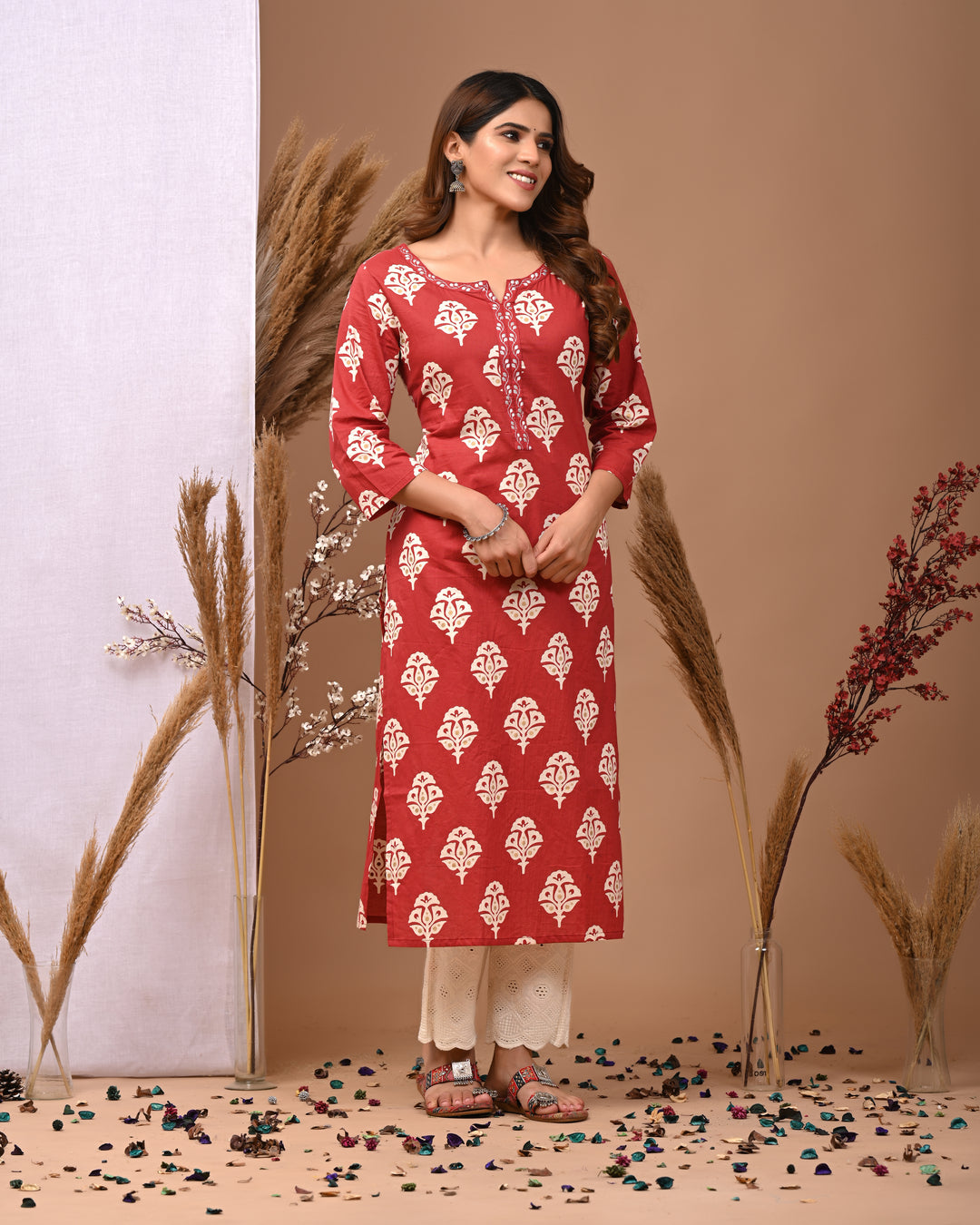 RimeLine Maroon Ethnic Motifs Printed Round-Neck Cotton Kurti