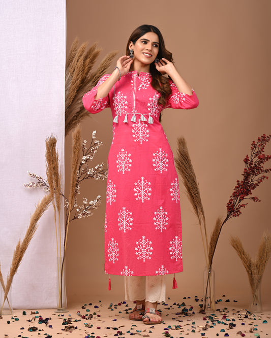 RimeLine Mesh Pink Mandain Neck Kurti For Women