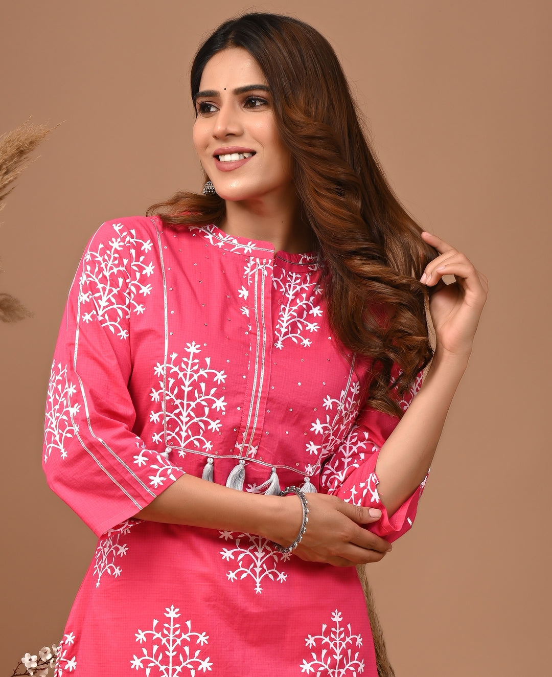 RimeLine Mesh Pink Mandain Neck Kurti For Women