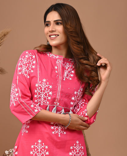 RimeLine Mesh Pink Mandain Neck Kurti For Women