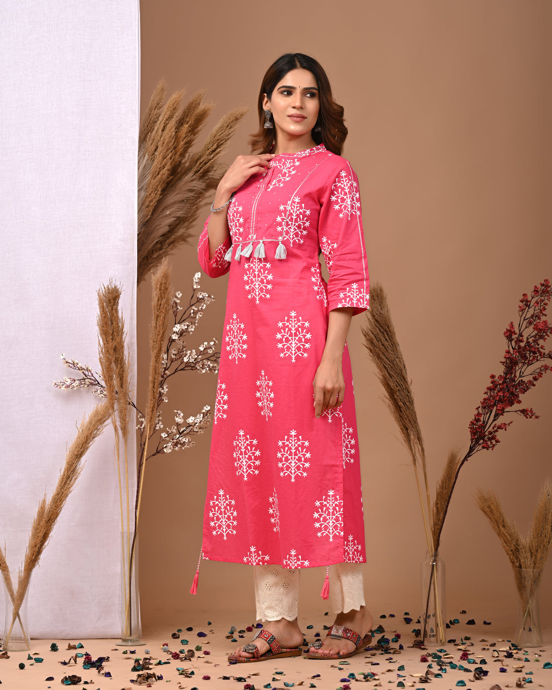 RimeLine Mesh Pink Mandain Neck Kurti For Women