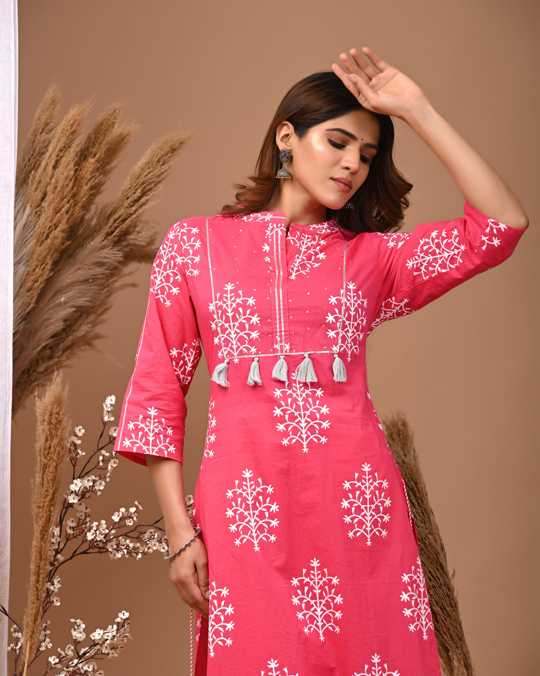 RimeLine Mesh Pink Mandain Neck Kurti For Women