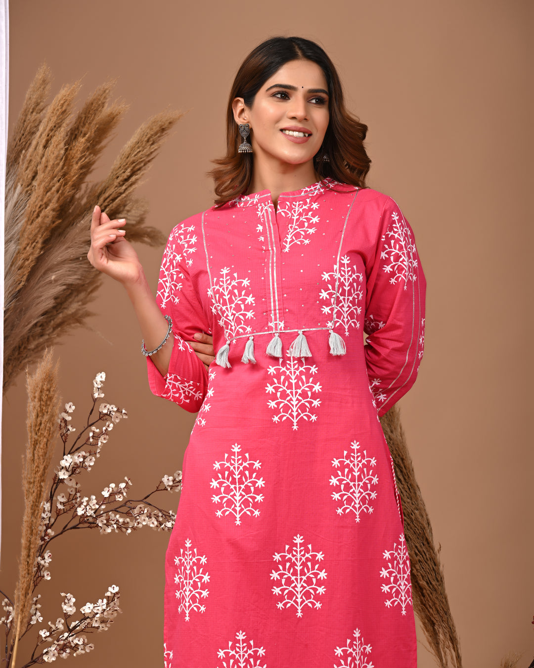 RimeLine Mesh Pink Mandain Neck Kurti For Women
