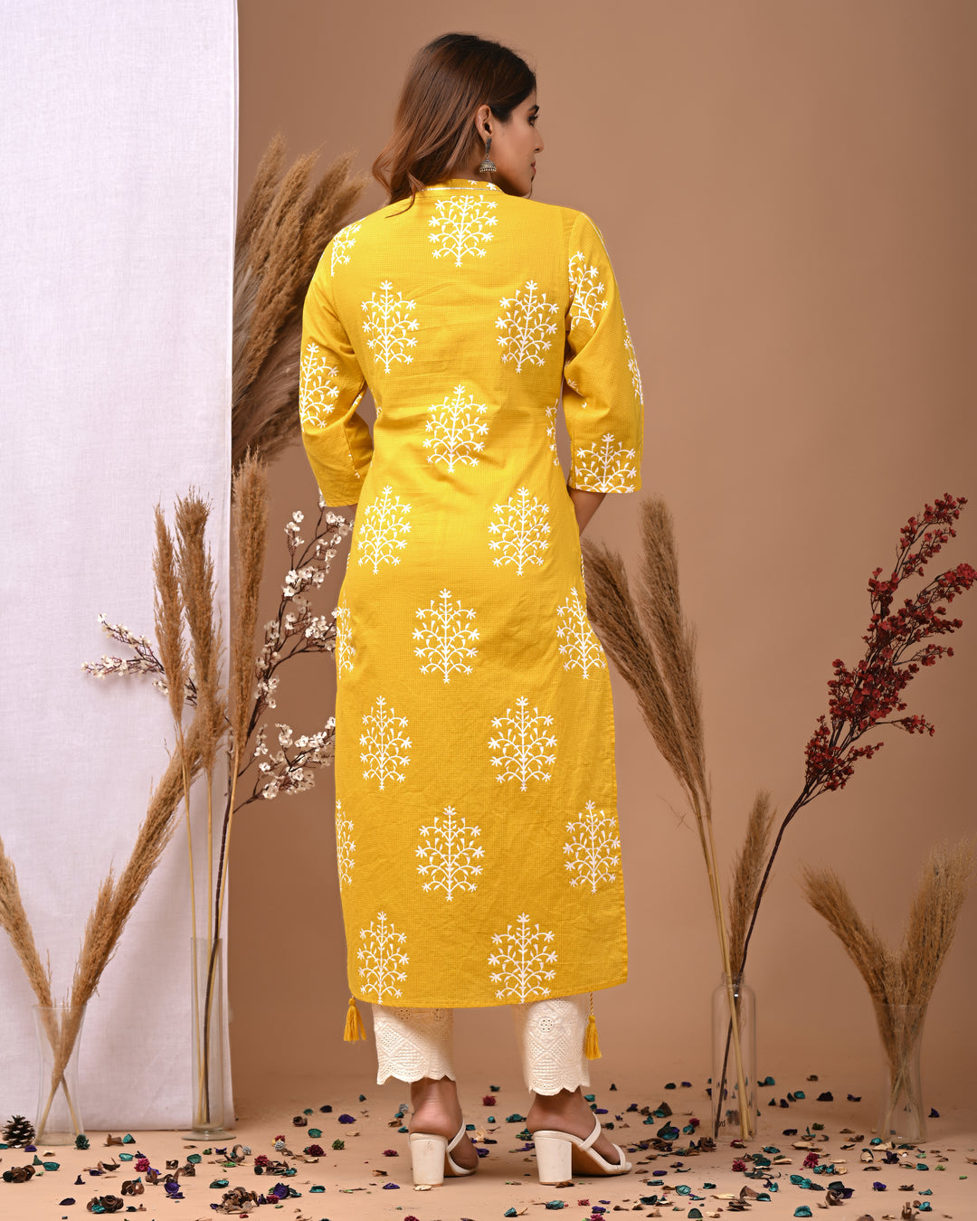RimeLine Mesh Yellow Mandain Neck Kurti For Women