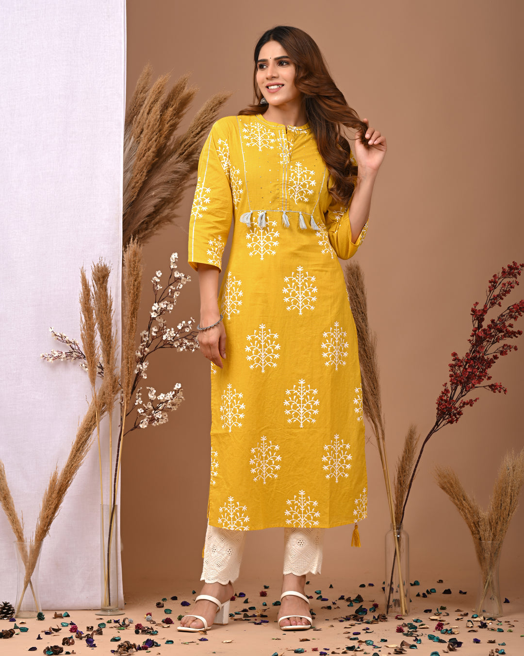 RimeLine Mesh Yellow Mandain Neck Kurti For Women