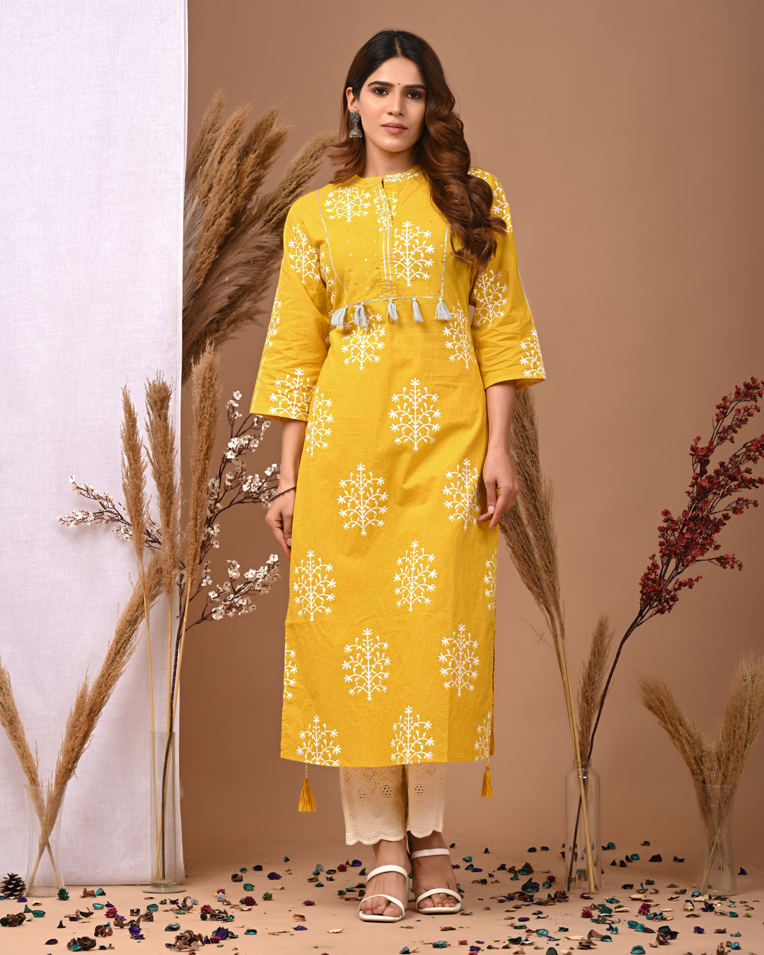 RimeLine Mesh Yellow Mandain Neck Kurti For Women