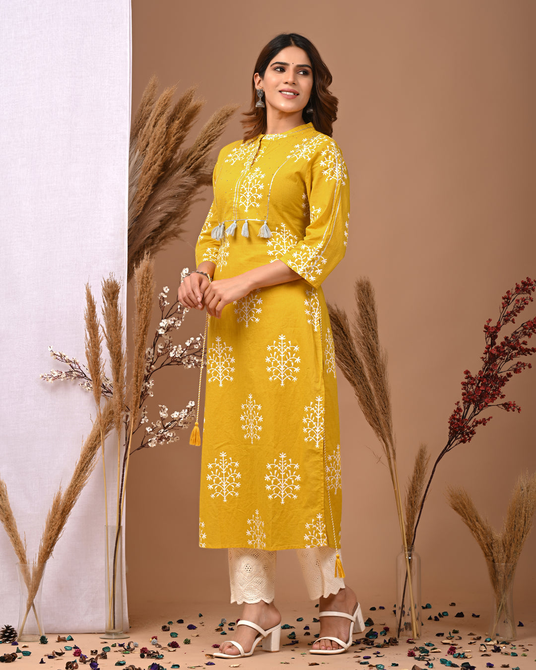 RimeLine Mesh Yellow Mandain Neck Kurti For Women