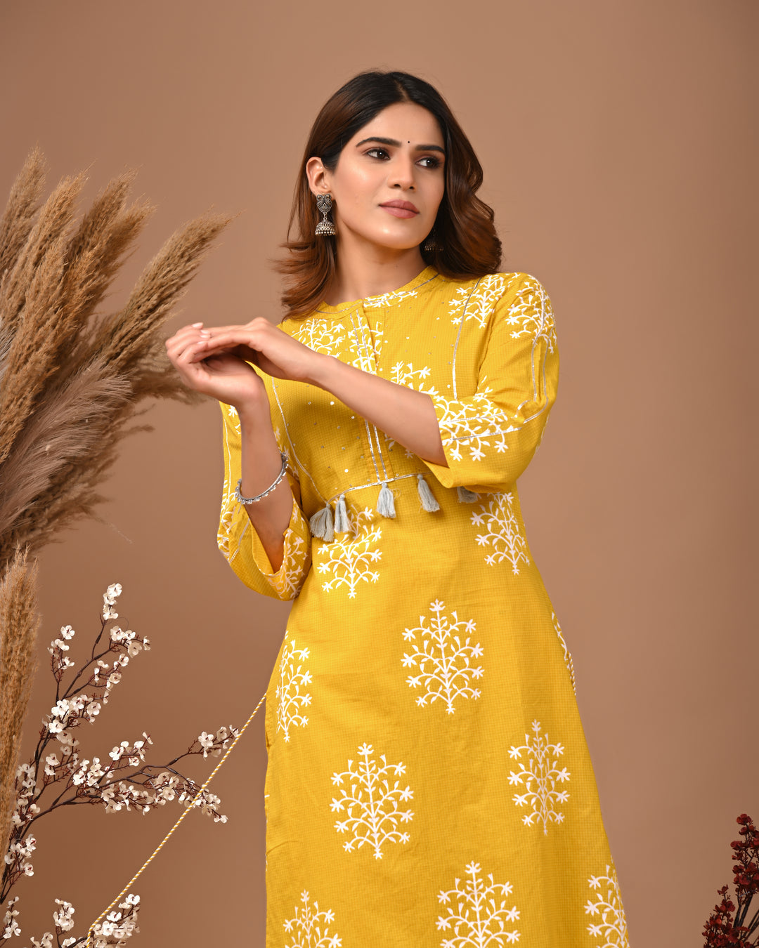 RimeLine Mesh Yellow Mandain Neck Kurti For Women