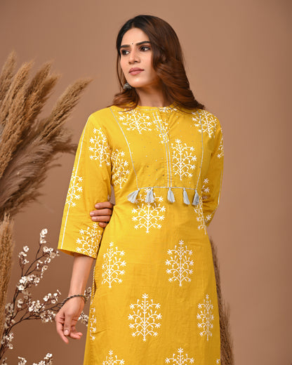 RimeLine Mesh Yellow Mandain Neck Kurti For Women