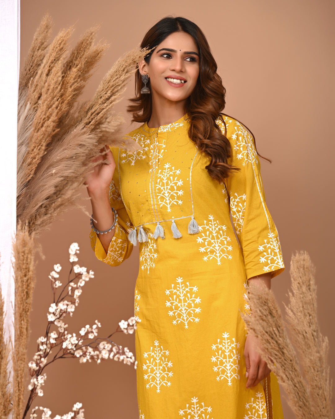 RimeLine Mesh Yellow Mandain Neck Kurti For Women