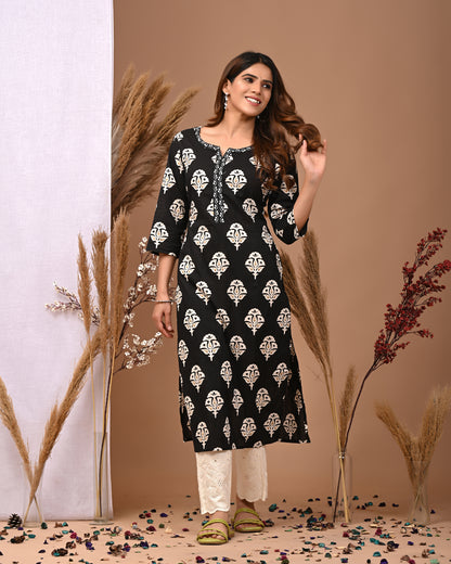 RimeLine Black Ethnic Motifs Printed Round-Neck Cotton Kurti