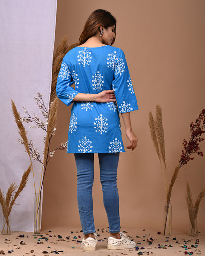 RimeLine Blue Ethnic Motifs Printed Round-Neck Cotton Kurti