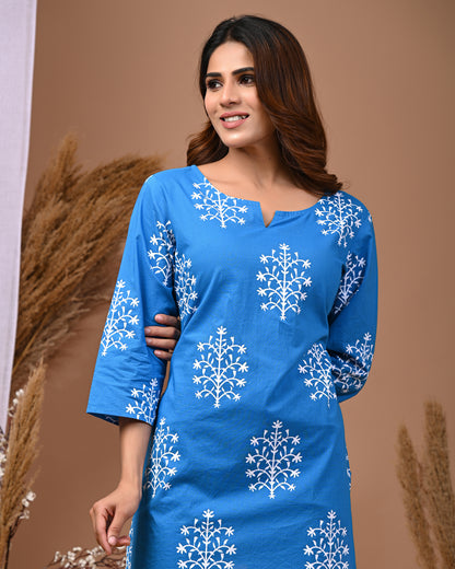 RimeLine Blue Ethnic Motifs Printed Round-Neck Cotton Kurti