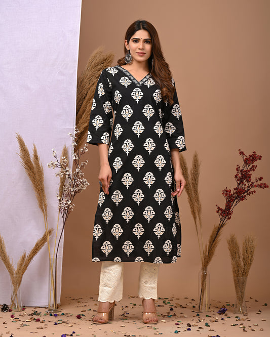 RimeLine Black Embroidered Printed V-Neck Kurti for Women