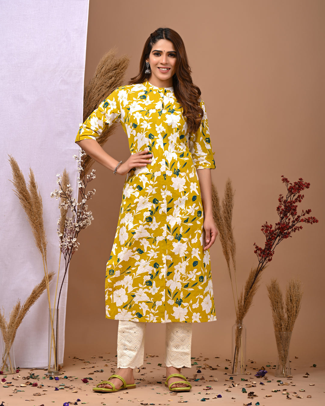 RimeLine Yellow Printed Mandarin-Neck Cotton Kurti