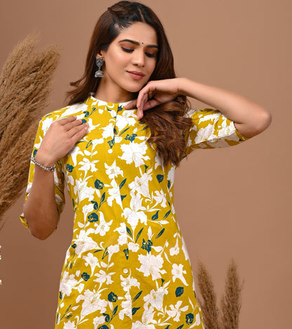 RimeLine Yellow Printed Mandarin-Neck Cotton Kurti