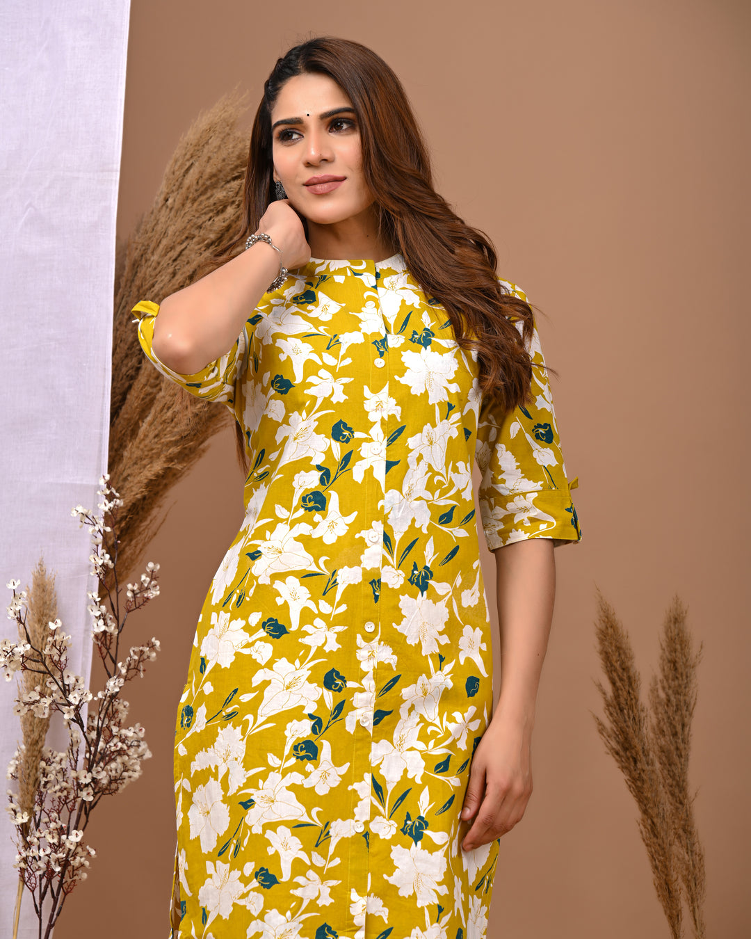 RimeLine Yellow Printed Mandarin-Neck Cotton Kurti