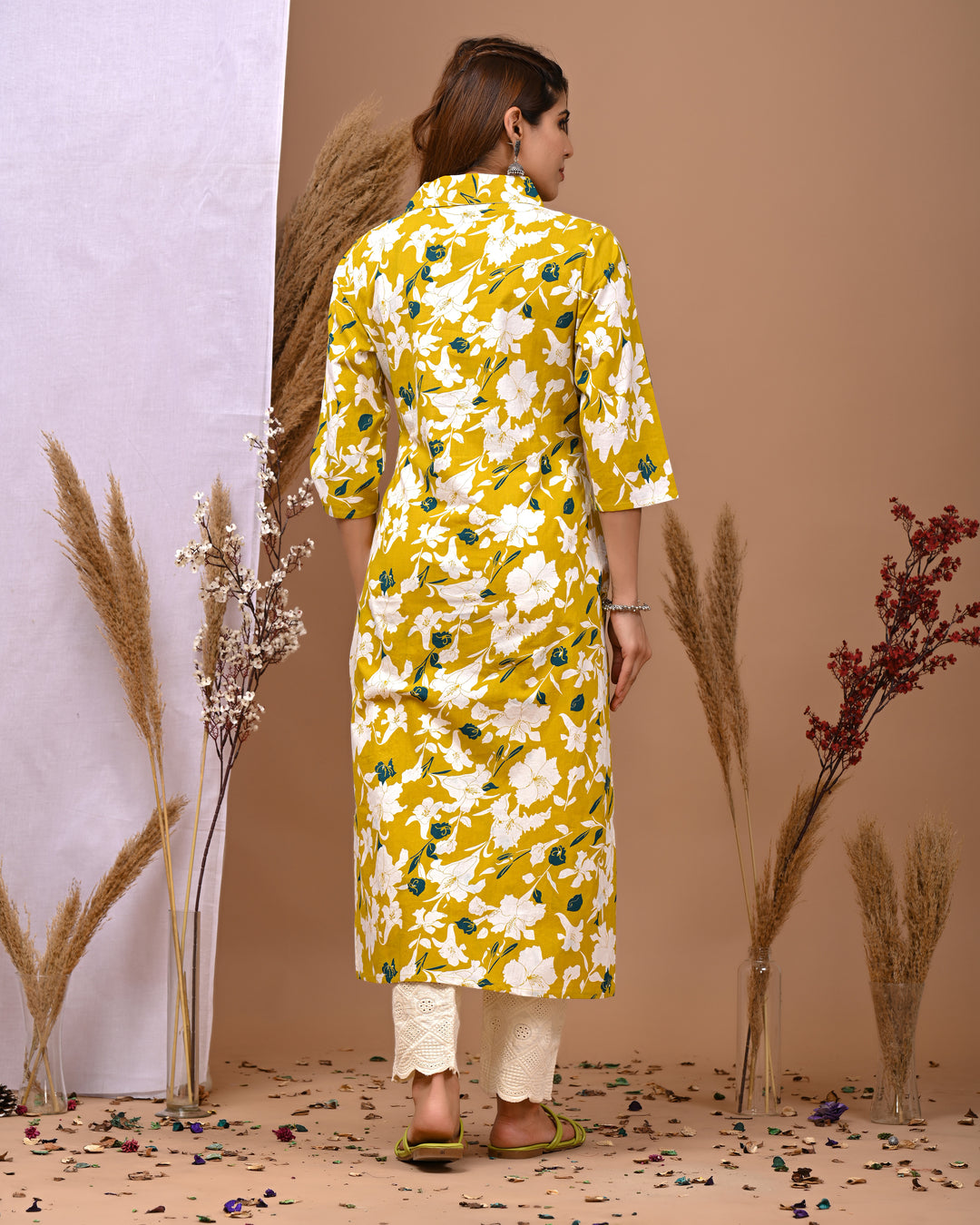 RimeLine Yellow Printed Collered Neck Kurti For Women