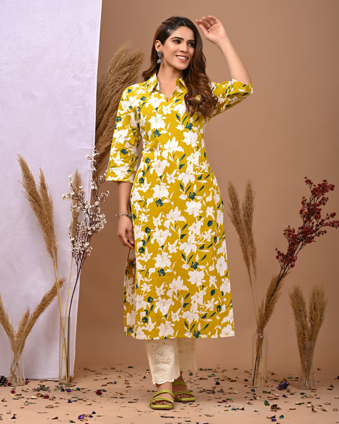 RimeLine Yellow Printed Collered Neck Kurti For Women
