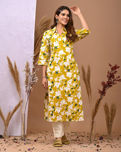 RimeLine Yellow Printed Collered Neck Kurti For Women