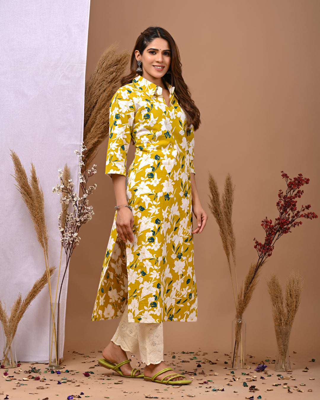 RimeLine Yellow Printed Collered Neck Kurti For Women