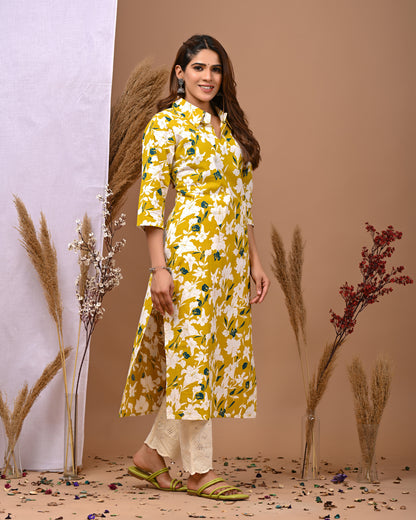 RimeLine Yellow Printed Collered Neck Kurti For Women