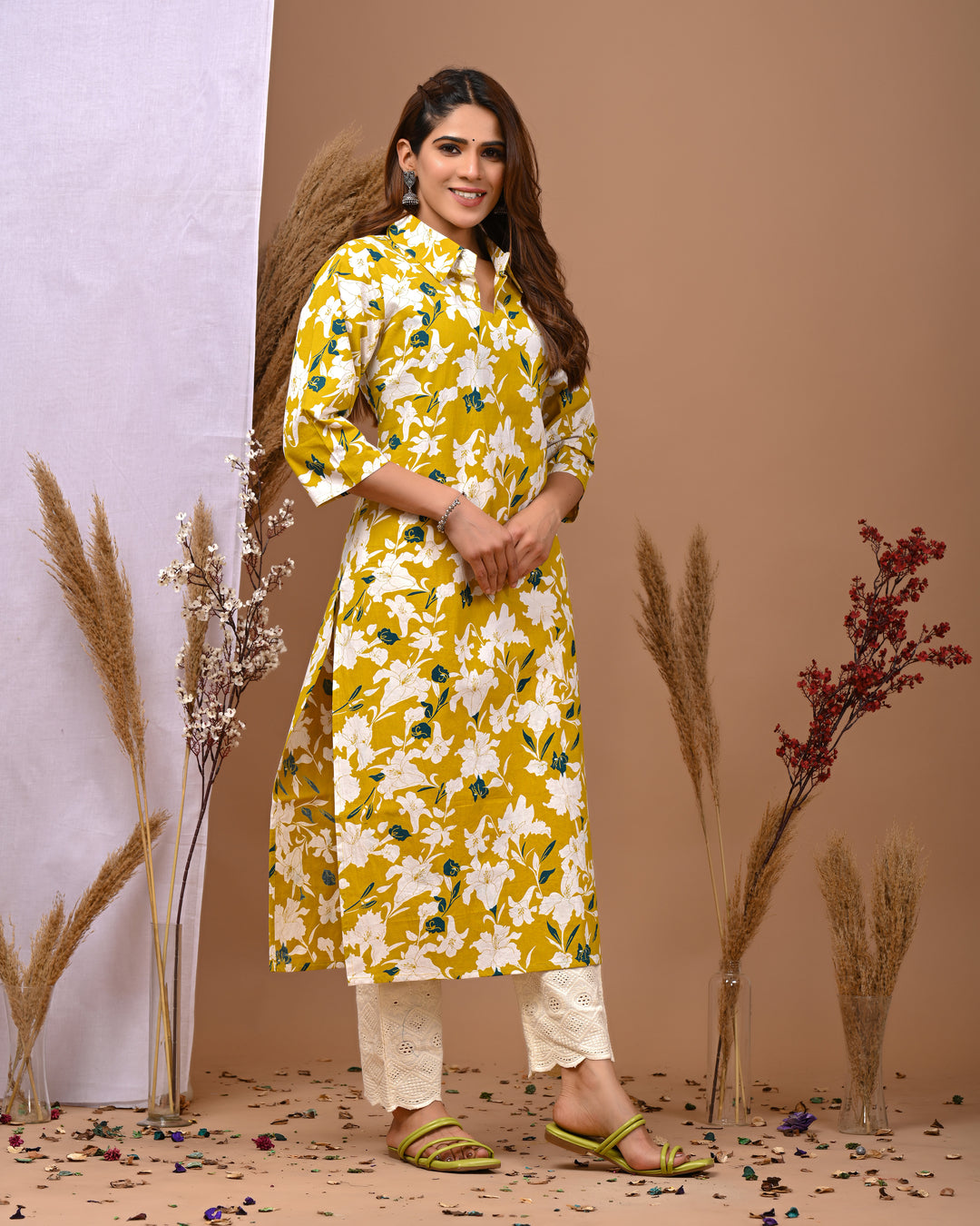 RimeLine Yellow Printed Collered Neck Kurti For Women