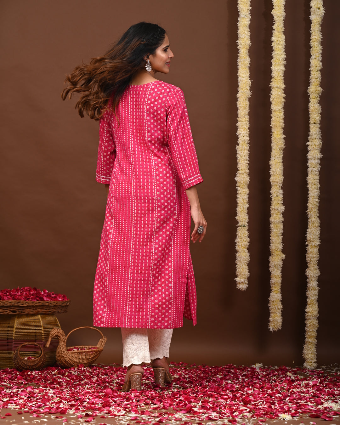 RimeLine Pink Printed Rayon Round-Neck Kurti for Women