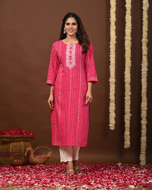 RimeLine Pink Printed Rayon Round-Neck Kurti for Women