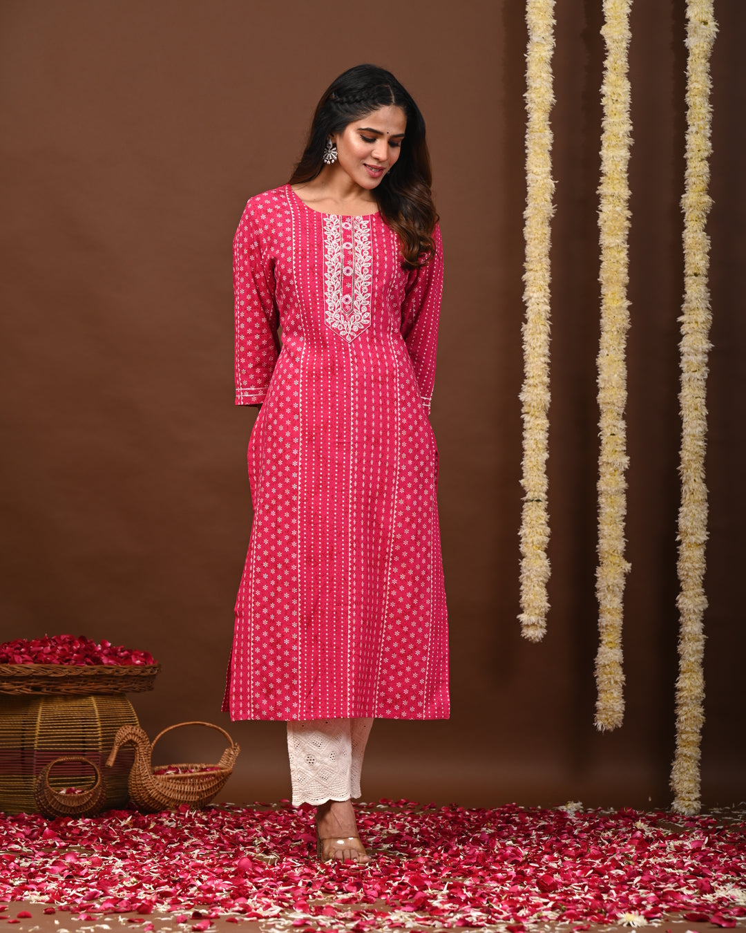 RimeLine Pink Printed Rayon Round-Neck Kurti for Women