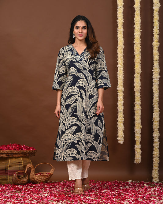 RimeLine Floral Printed Navy Blue V-Neck Straight Kurta