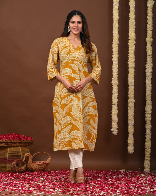 RimeLine Floral Printed Mustard V-Neck Straight Kurta