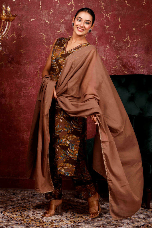 Rimeline Ethnic Motifs Printed V-Neck Pure Cotton Kurta With Trousers & Dupatta